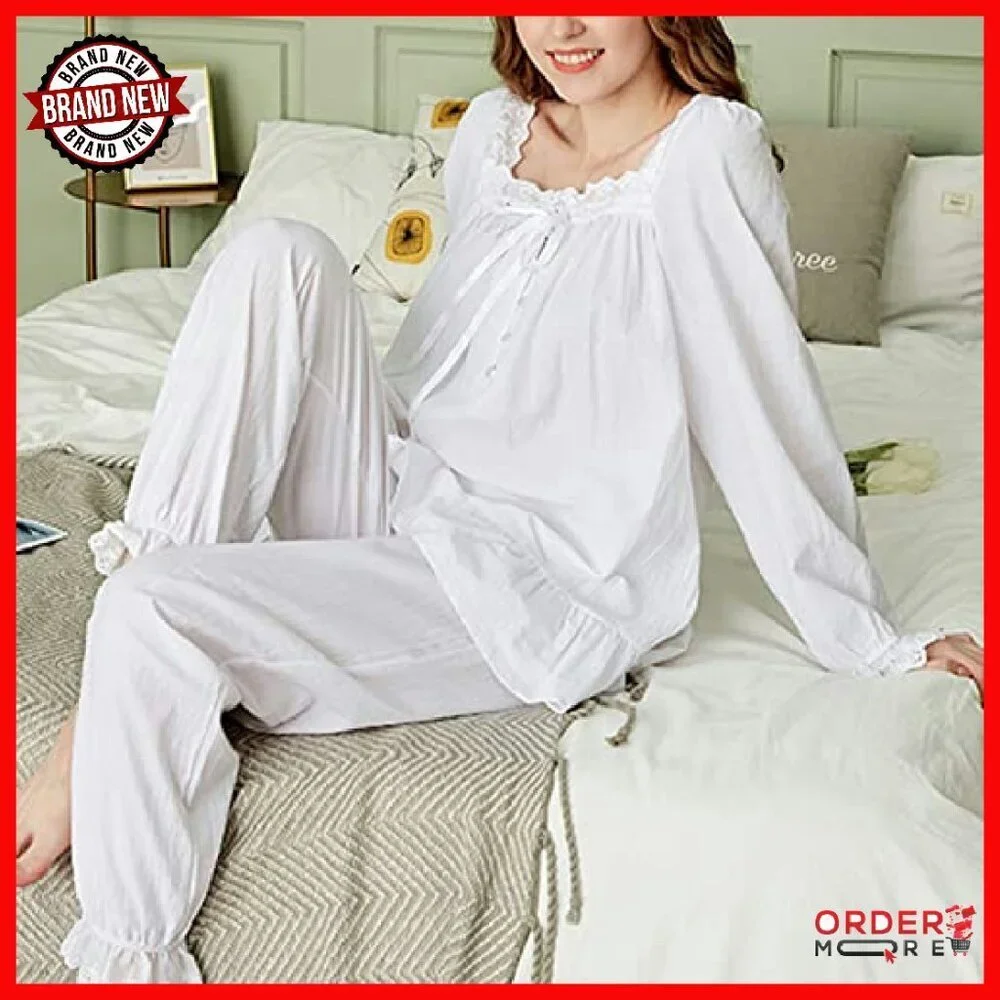 Women's Cotton Pajama Set Vintage Lace Long Sleeve Sleepwear